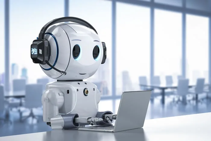 Robot IA avec ordinateur portable illustrant les agents IA et le Target Operating Model